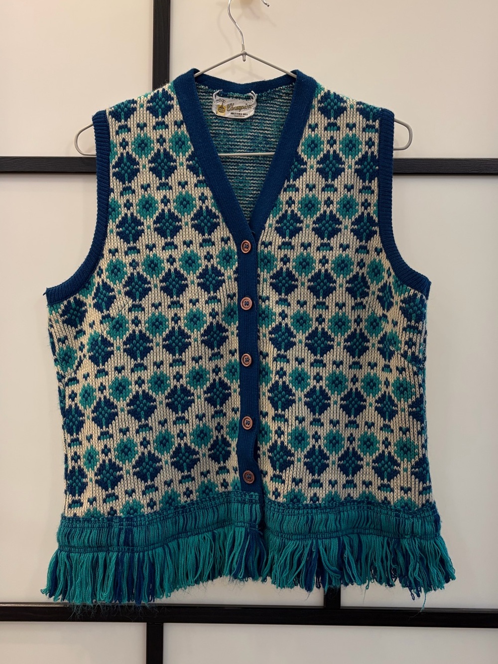 Tile-Pattern Teal & Cream Knit Vest with Fringe